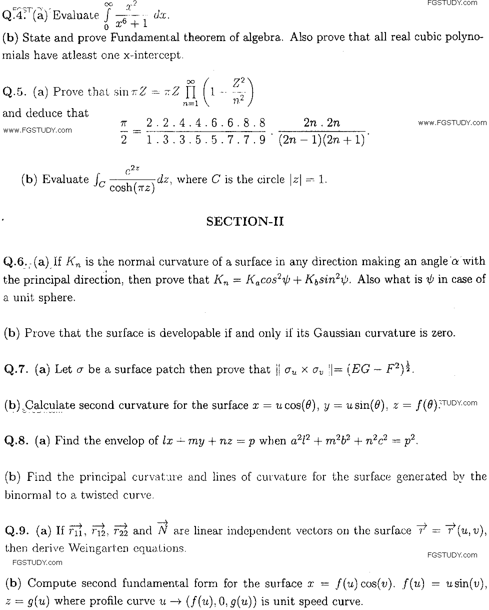MSc Part 1 Mathematics Complex Analysis And Differential Geometry Past Paper 2018 Punjab University Subjective