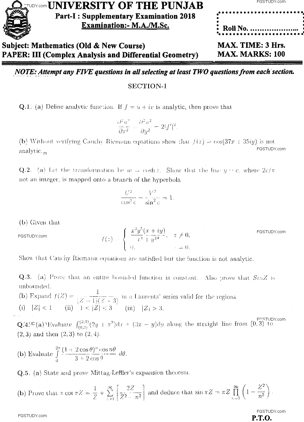 MSc Part 1 Mathematics Complex Analysis And Differential Geometry Past Paper 2018 Punjab University Subjective