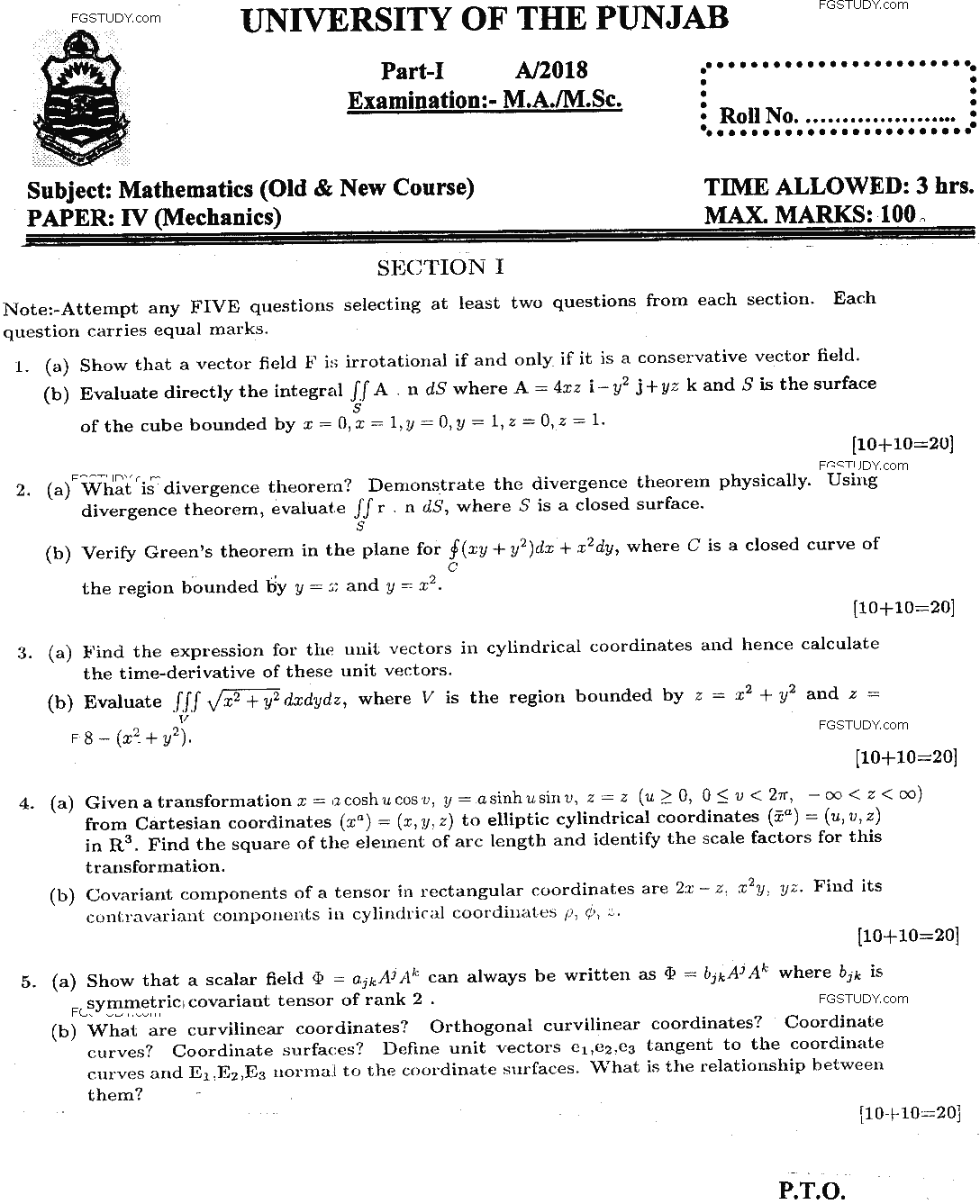 MSc Part 1 Mathematics Mechanics Past Paper 2018 Punjab University Subjective