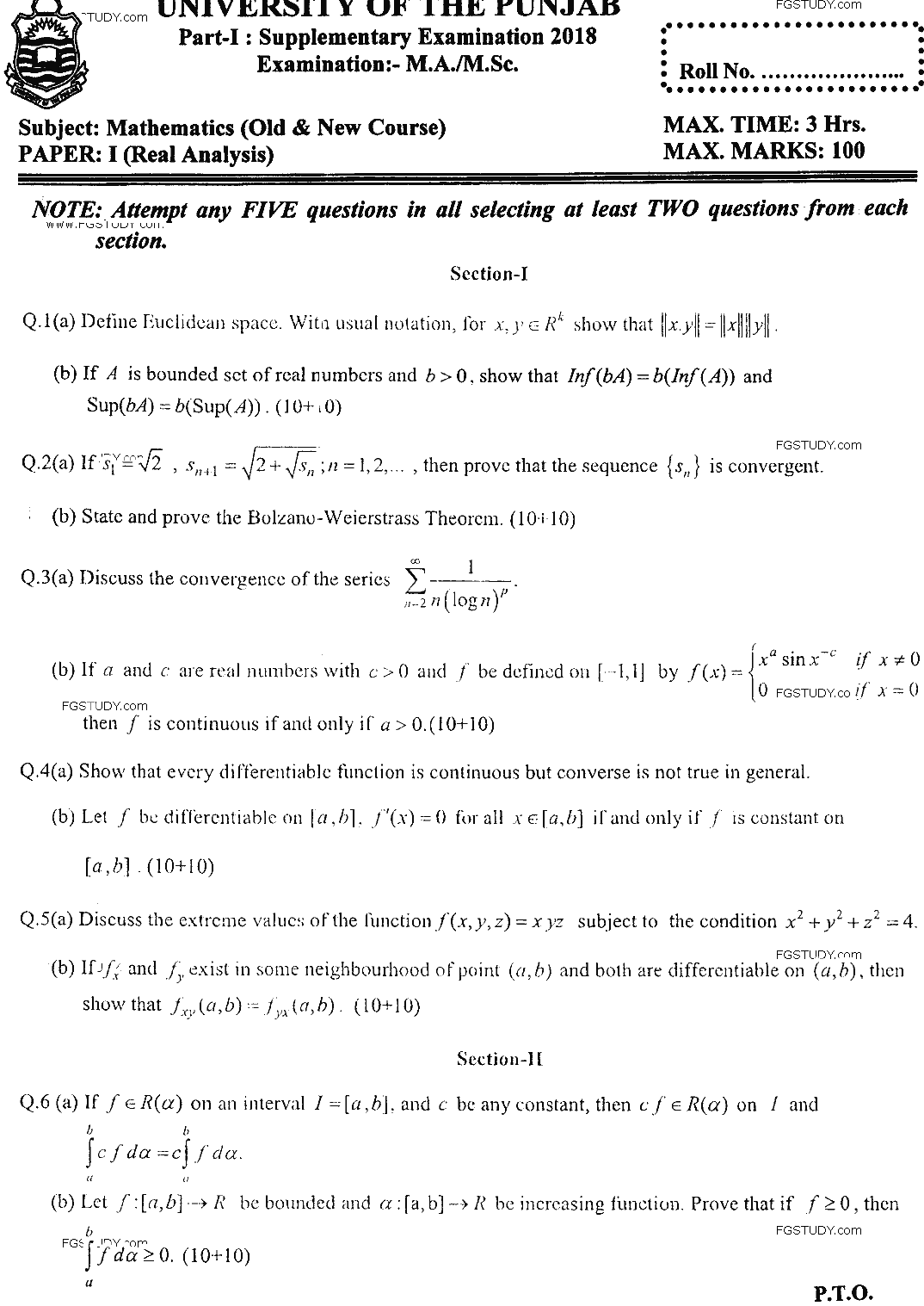 MSc Part 1 Mathematics Real Analysis Past Paper 2018 Punjab University Subjective