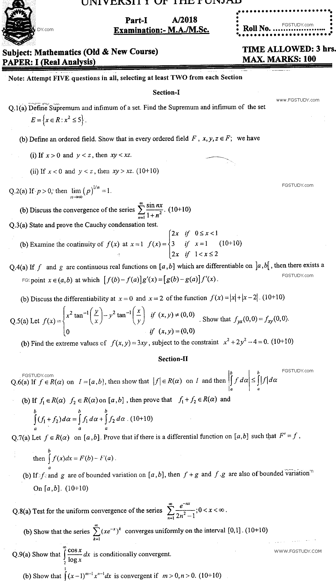MSc Part 1 Mathematics Real Analysis Past Paper 2018 Punjab University Subjective