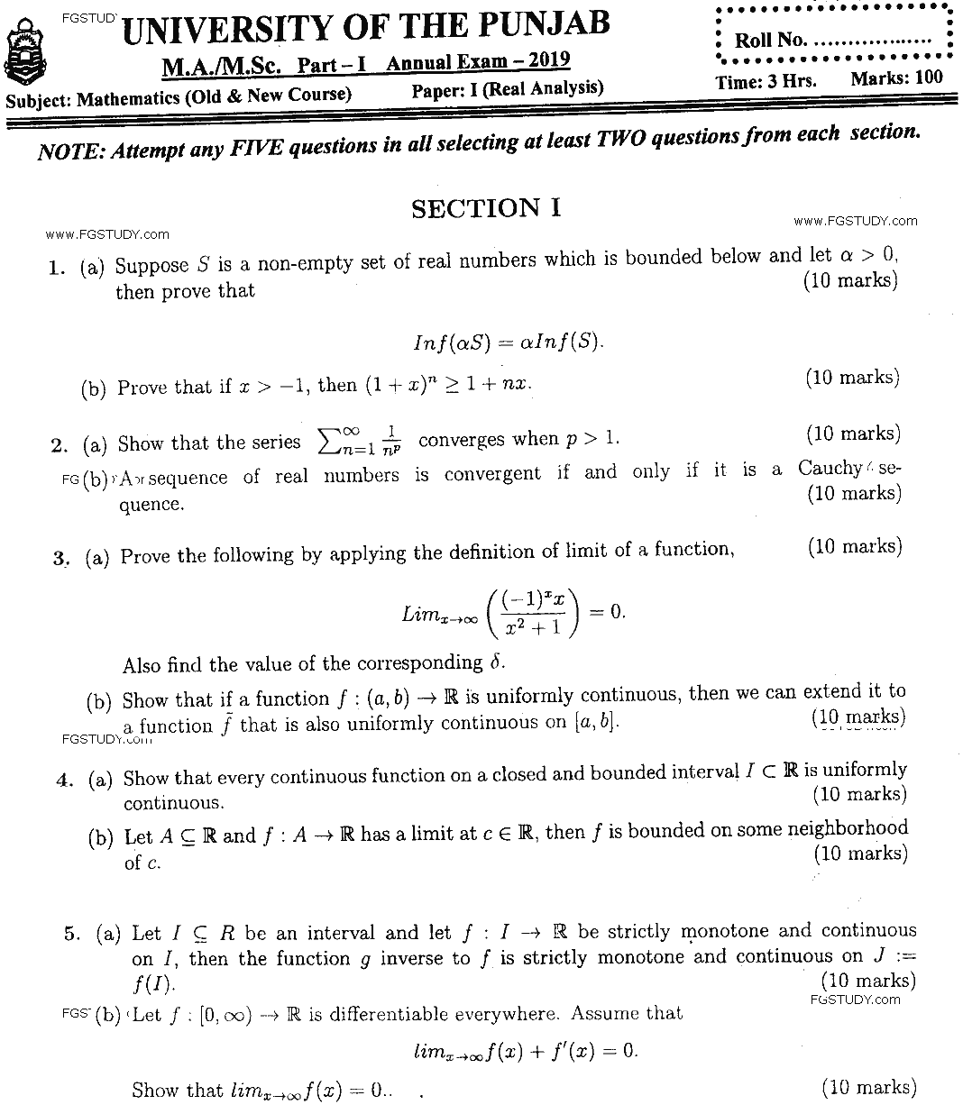 MSc Part 1 Mathematics Real Analysis Past Paper 2019 Punjab University Subjective