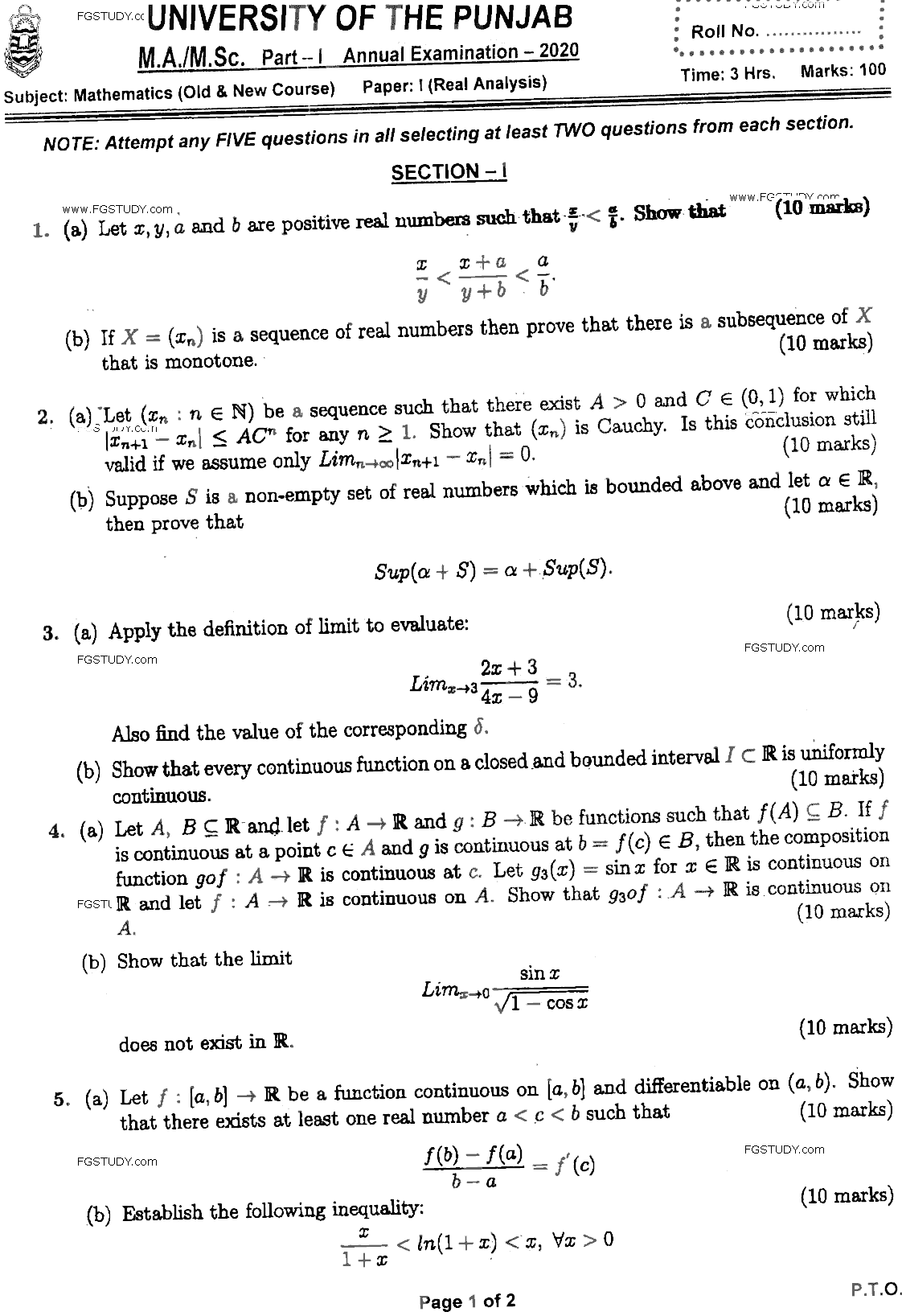 MSc Part 1 Mathematics Real Analysis Past Paper 2020 Punjab University Subjective