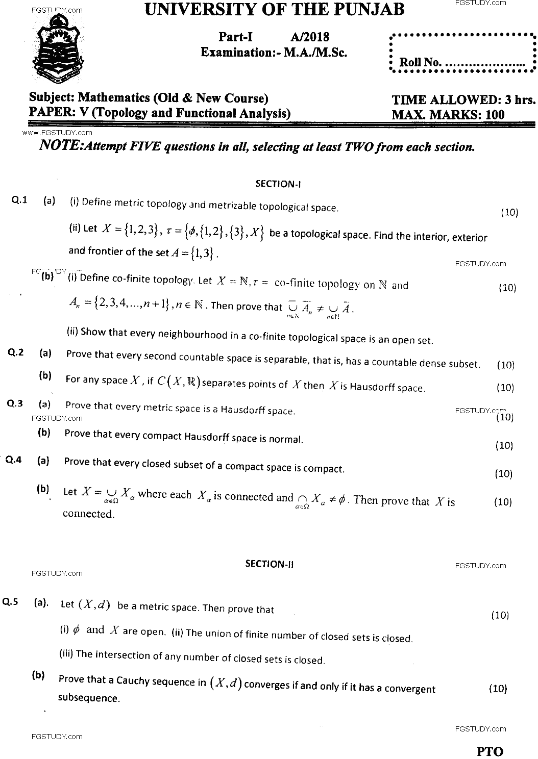 MSc Part 1 Mathematics Topology Functional Analysis Past Paper 2018 Punjab University Subjective