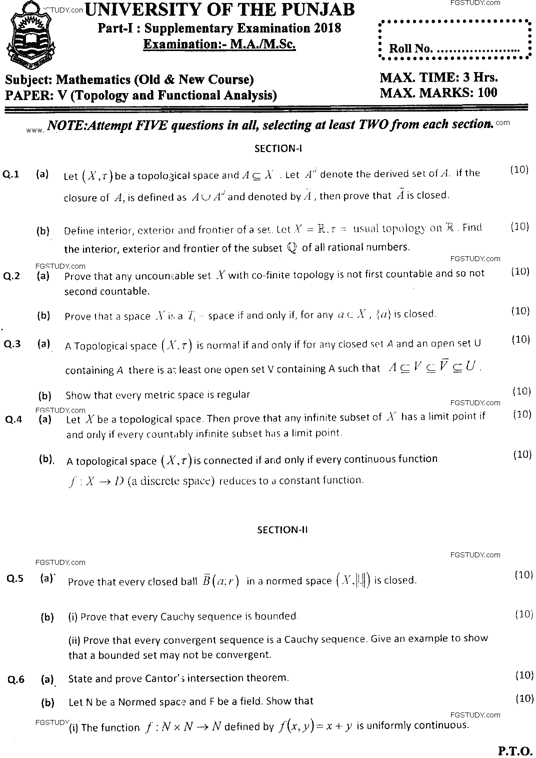 MSc Part 1 Mathematics Topology Functional Analysis Past Paper 2018 Punjab University Subjective