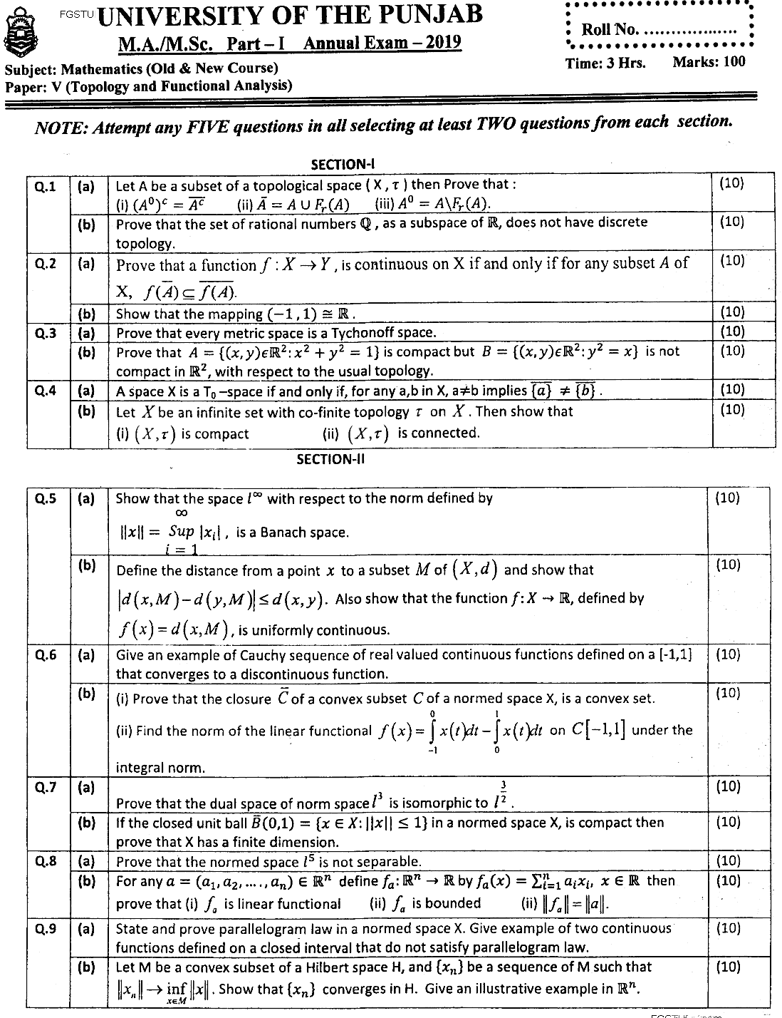 MSc Part 1 Mathematics Topology Functional Analysis Past Paper 2019 Punjab University Subjective