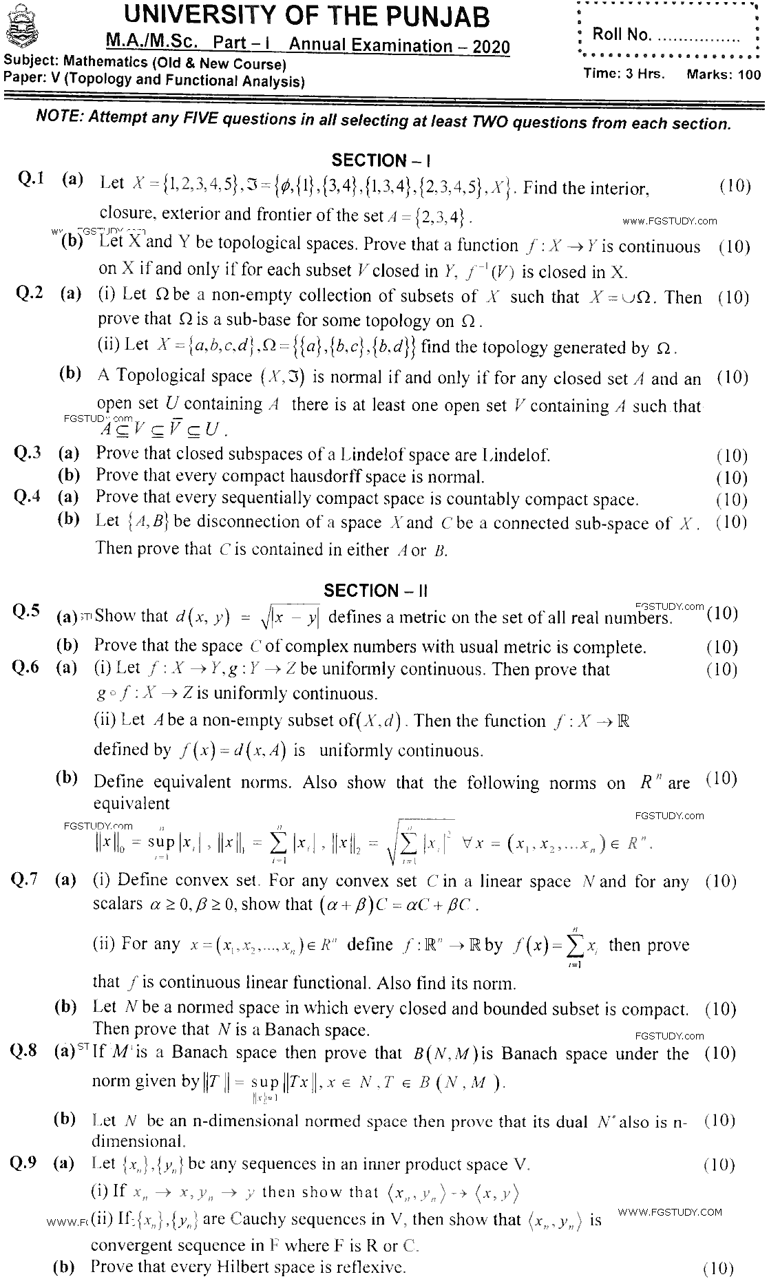 MSc Part 1 Mathematics Topology Functional Analysis Past Paper 2020 Punjab University Subjective