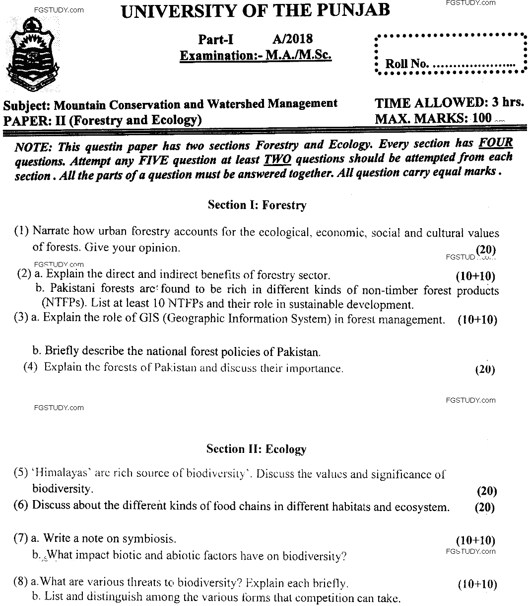 MSc Part 1 Mountain Conservation And Watershed Management Forestry And Ecology Past Paper 2018 Punjab University Subjective