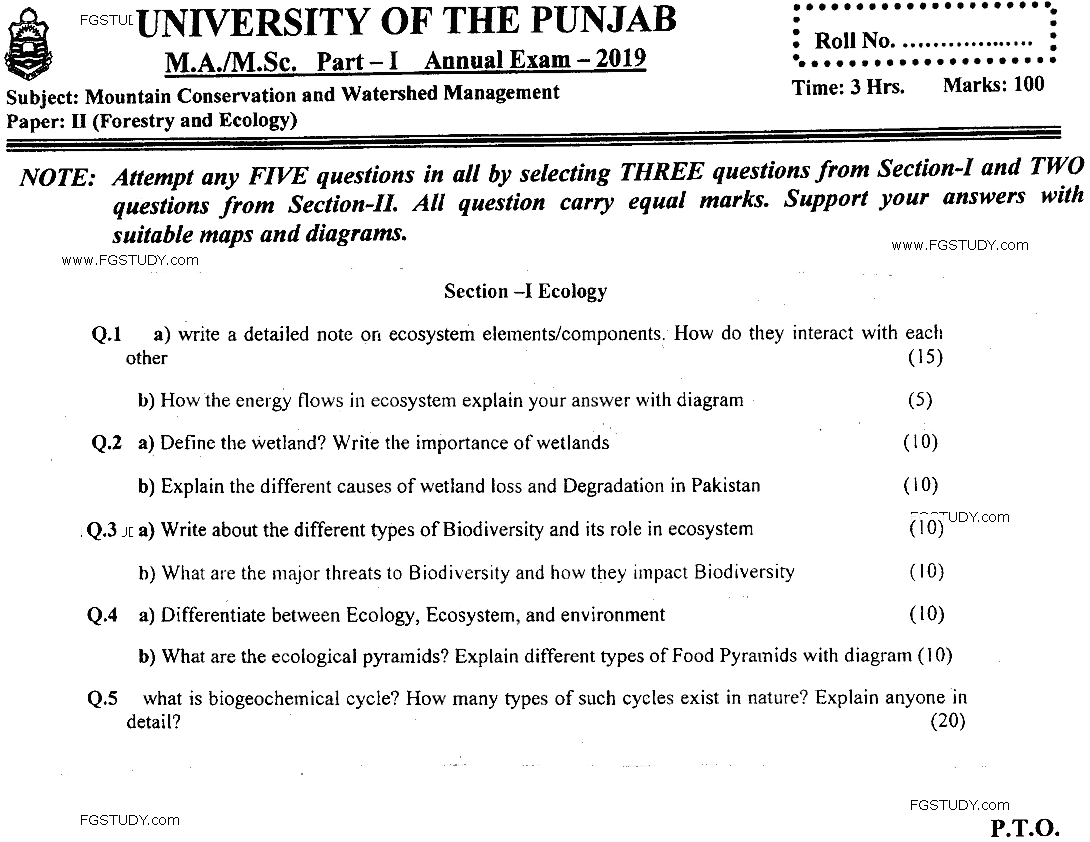 MSc Part 1 Mountain Conservation And Watershed Management Forestry And Ecology Past Paper 2019 Punjab University Subjective