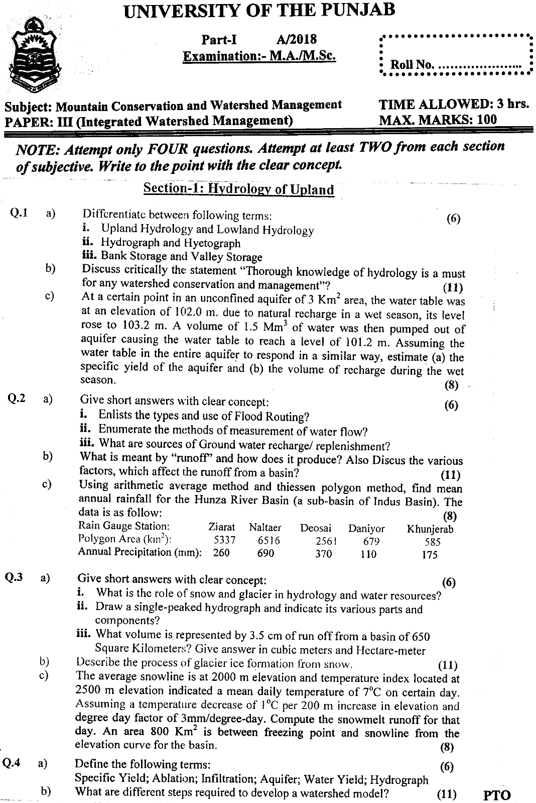 MSc Part 1 Mountain Conservation And Watershed Management Integrated Watershed Management Past Paper 2018 Punjab University Subjective