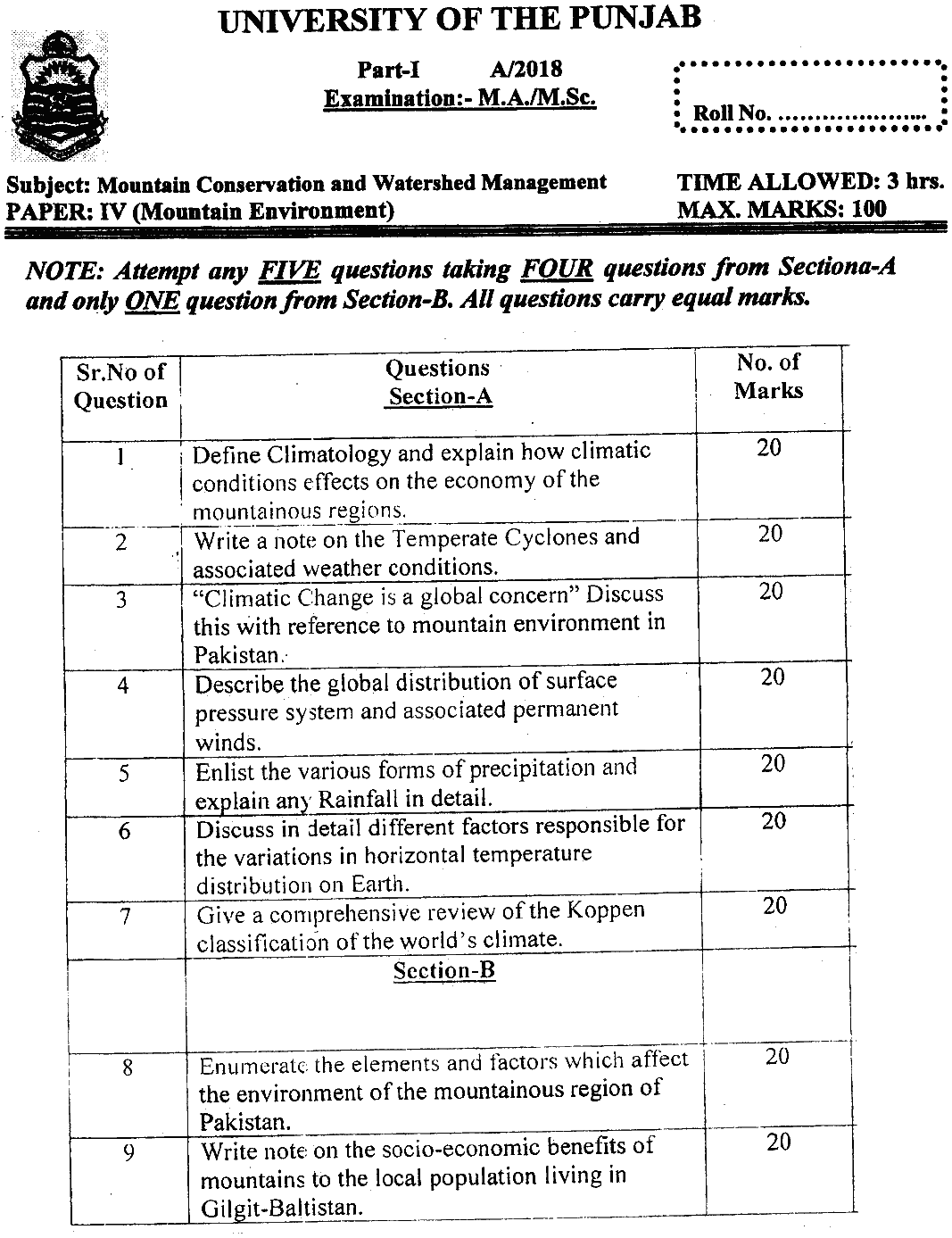 MSc Part 1 Mountain Conservation And Watershed Management Mountain Environment Past Paper 2018 Punjab University Subjective