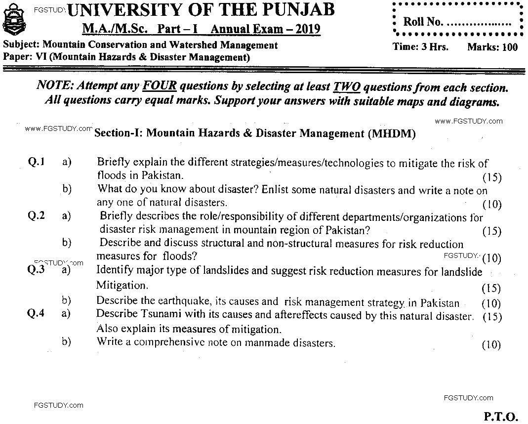 MSc Part 1 Mountain Conservation And Watershed Management Mountain Hazards And Disaster Management Past Paper 2019 Punjab University Subjective