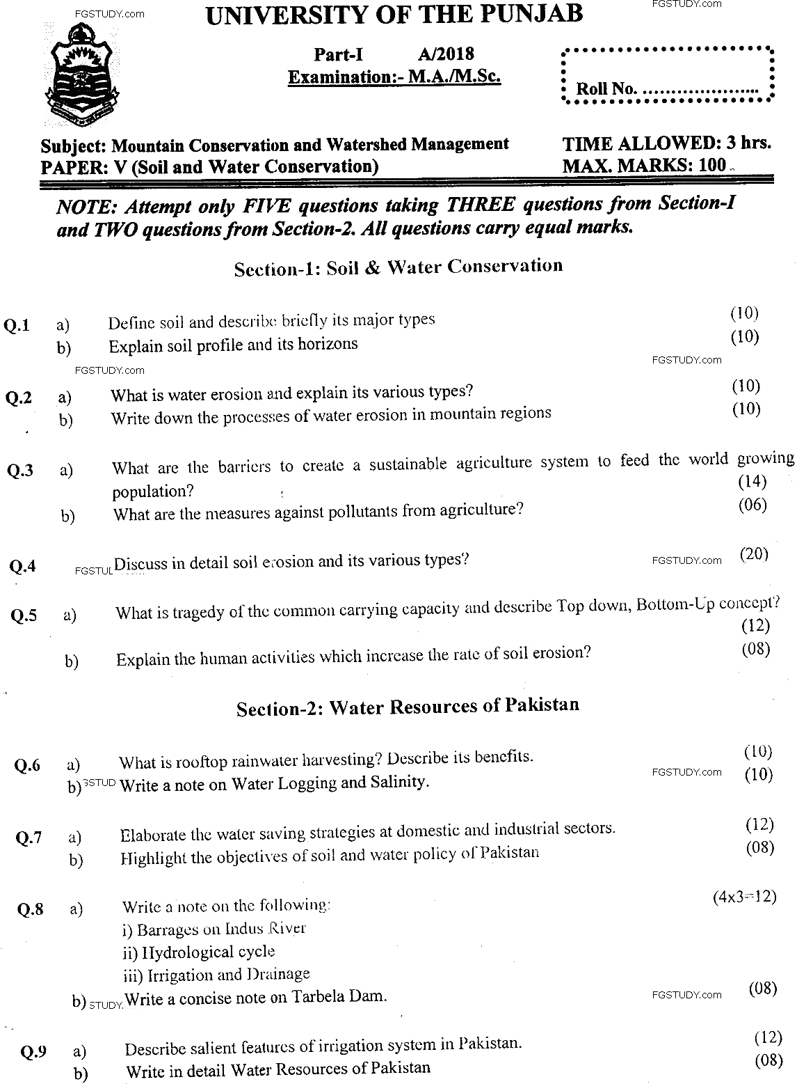 MSc Part 1 Mountain Conservation And Watershed Management Soil And Water Conservation Past Paper 2018 Punjab University Subjective