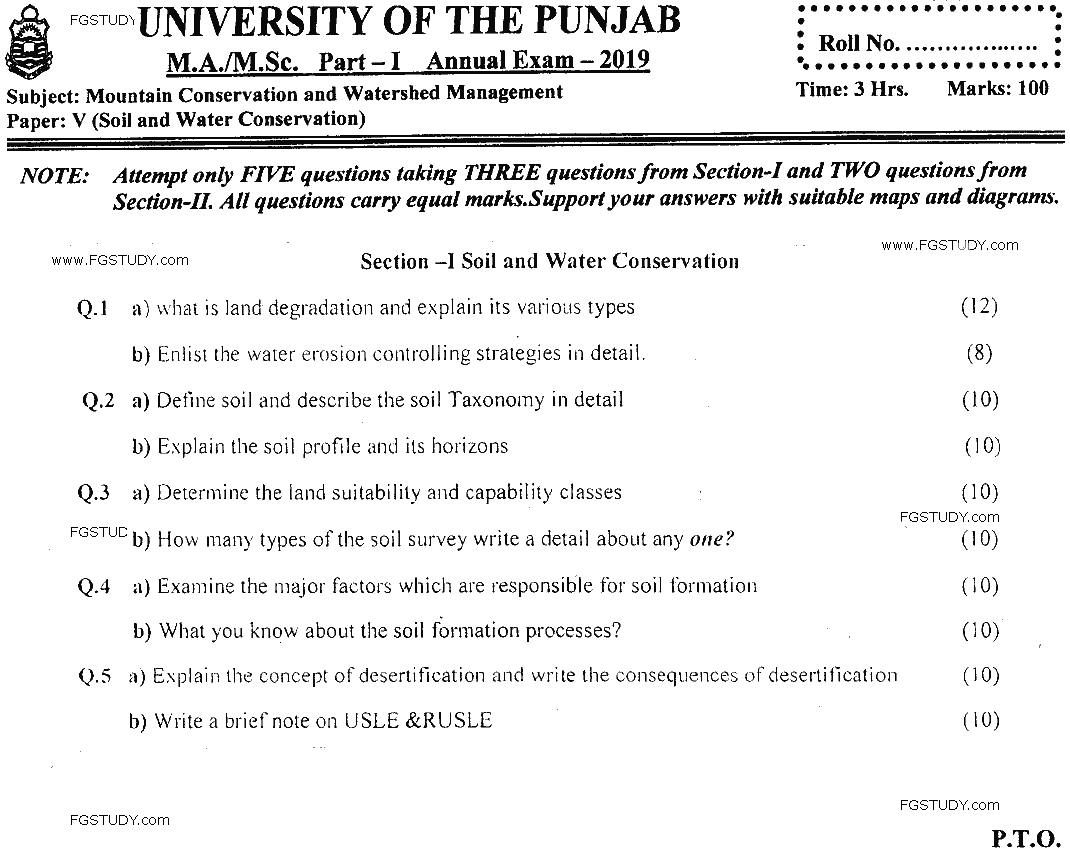 MSc Part 1 Mountain Conservation And Watershed Management Soil And Water Conservation Past Paper 2019 Punjab University Subjective