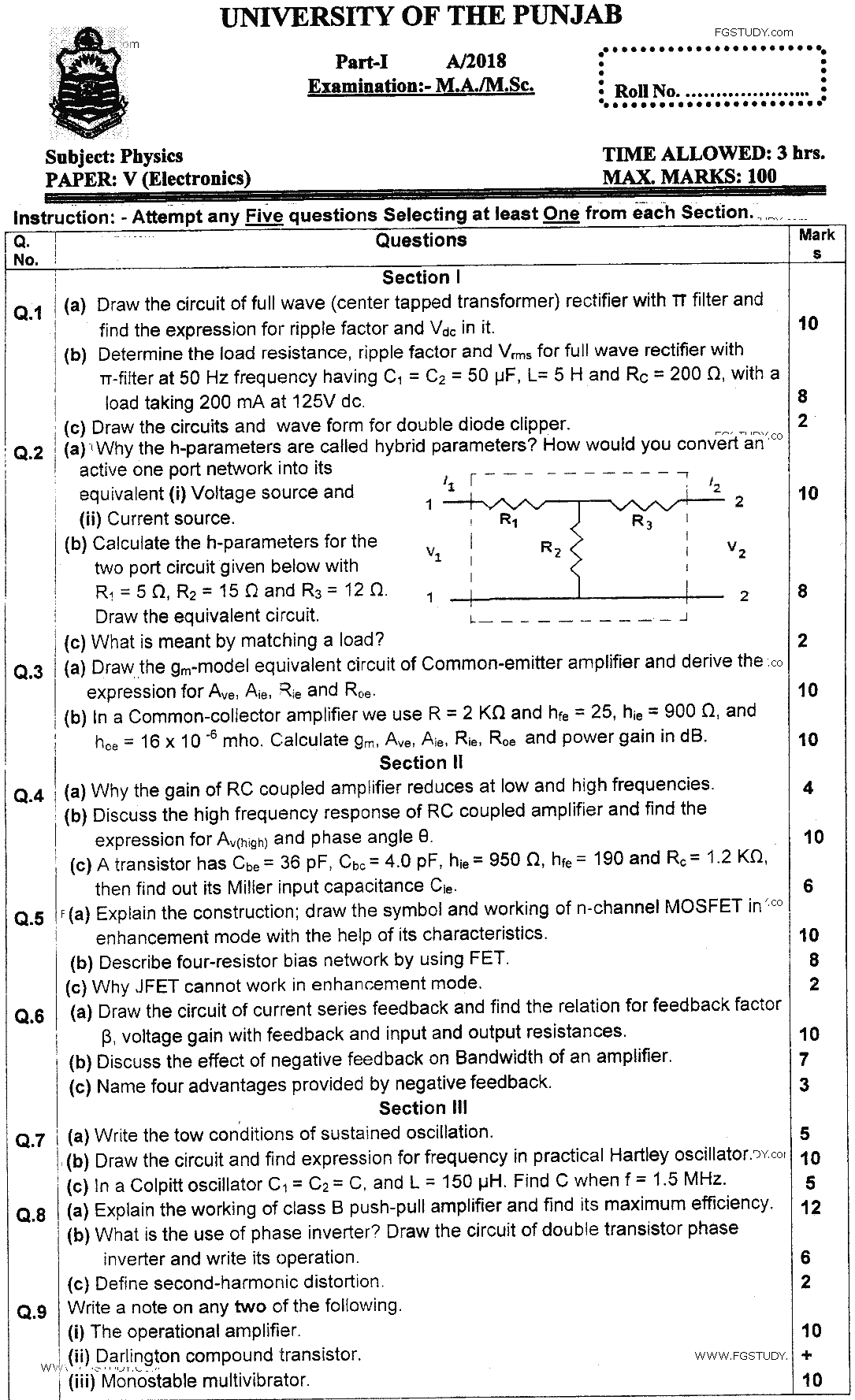 MSc Part 1 Physics Electronics Past Paper 2018 Punjab University Subjective