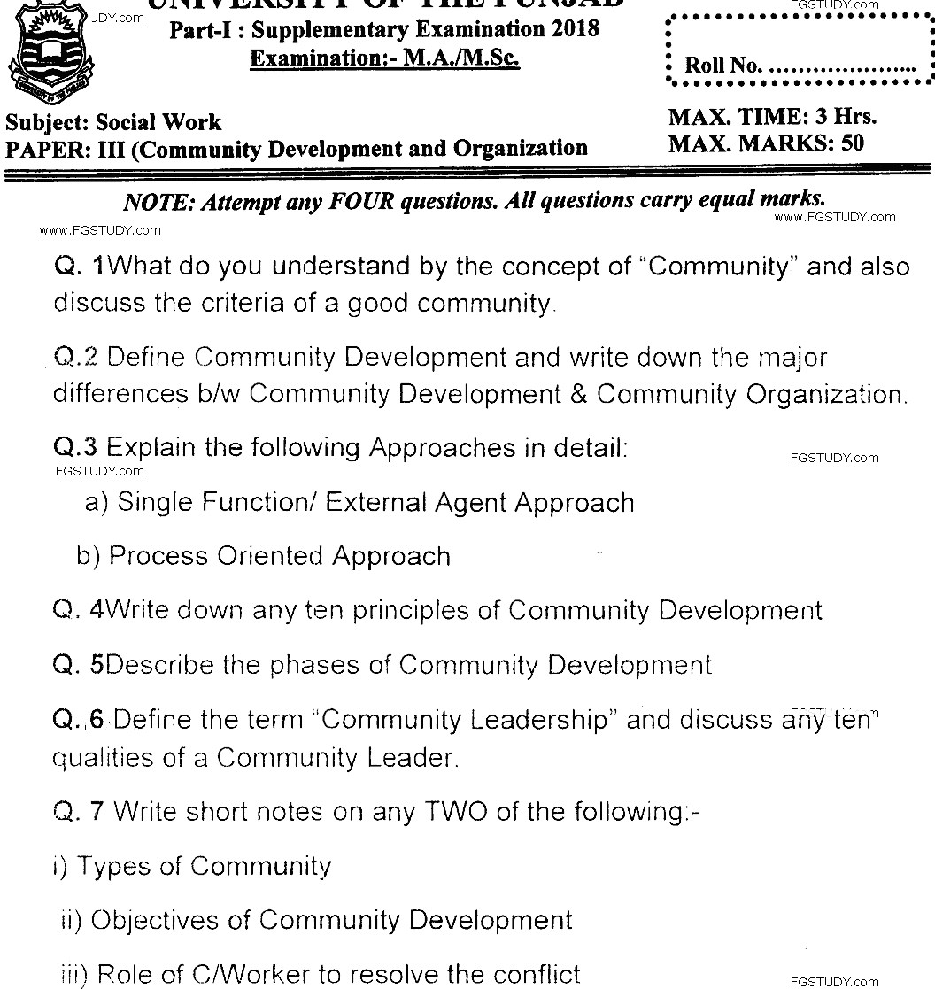 MSc Part 1 Social Work Community Development And Organization Past Paper 2018 Punjab University Subjective