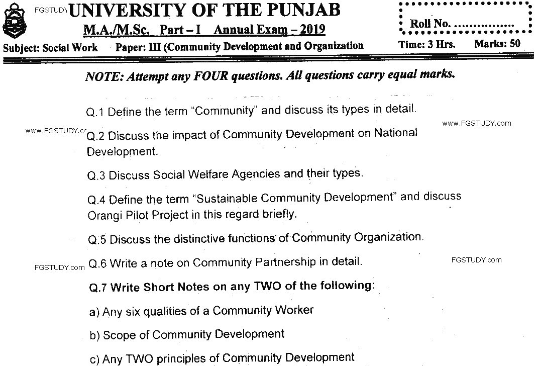 MSc Part 1 Social Work Community Development And Organization Past Paper 2019 Punjab University Subjective