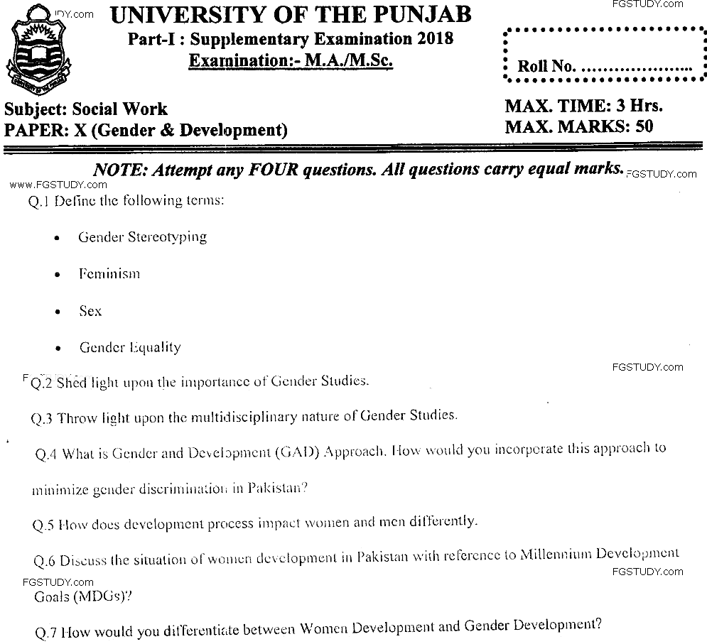 MSc Part 1 Social Work Gender And Development Past Paper 2018 Punjab University Subjective