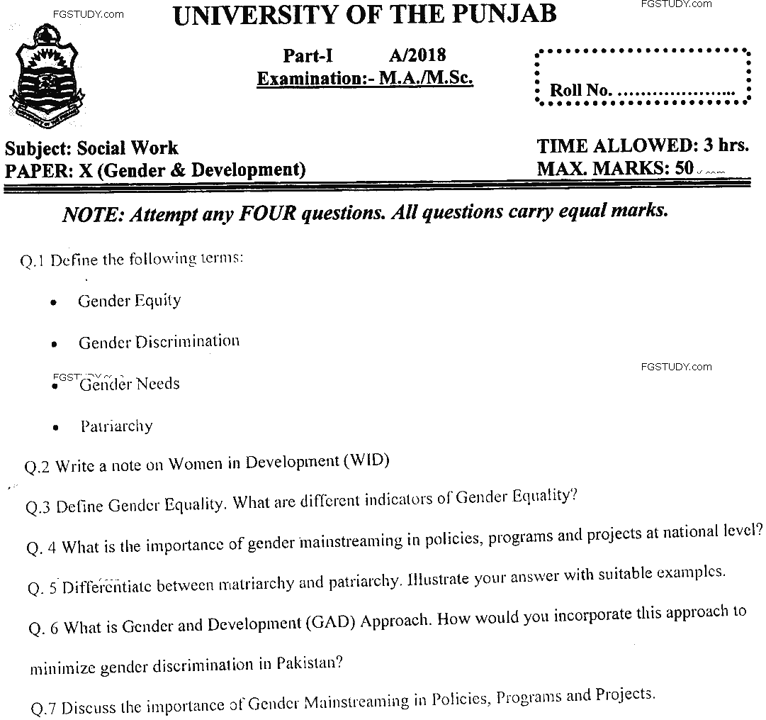 MSc Part 1 Social Work Gender And Development Past Paper 2018 Punjab University Subjective