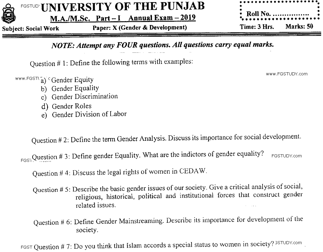 MSc Part 1 Social Work Gender And Development Past Paper 2019 Punjab University Subjective