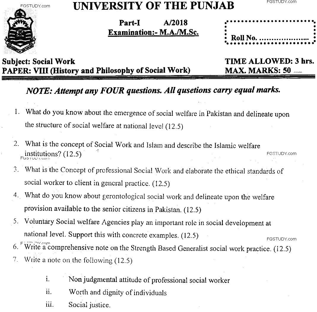 MSc Part 1 Social Work History And Philosophy Of Social Work Past Paper 2018 Punjab University Subjective