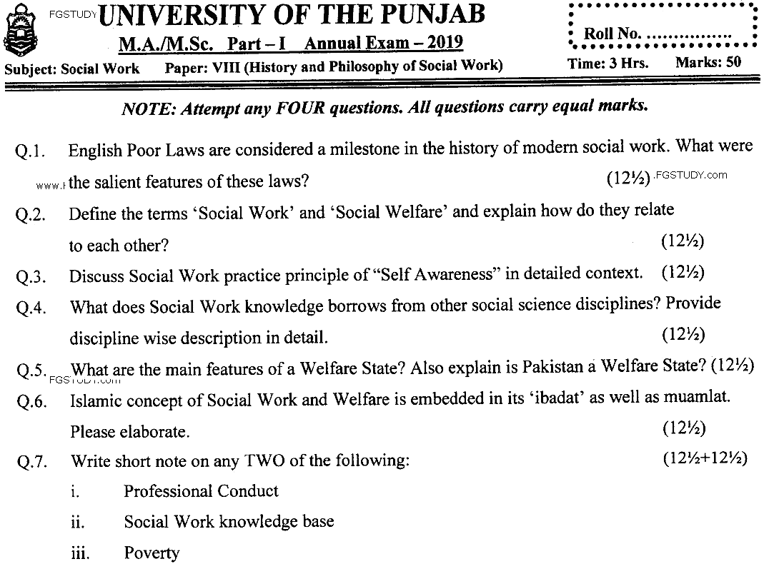 MSc Part 1 Social Work History And Philosophy Of Social Work Past Paper 2019 Punjab University Subjective