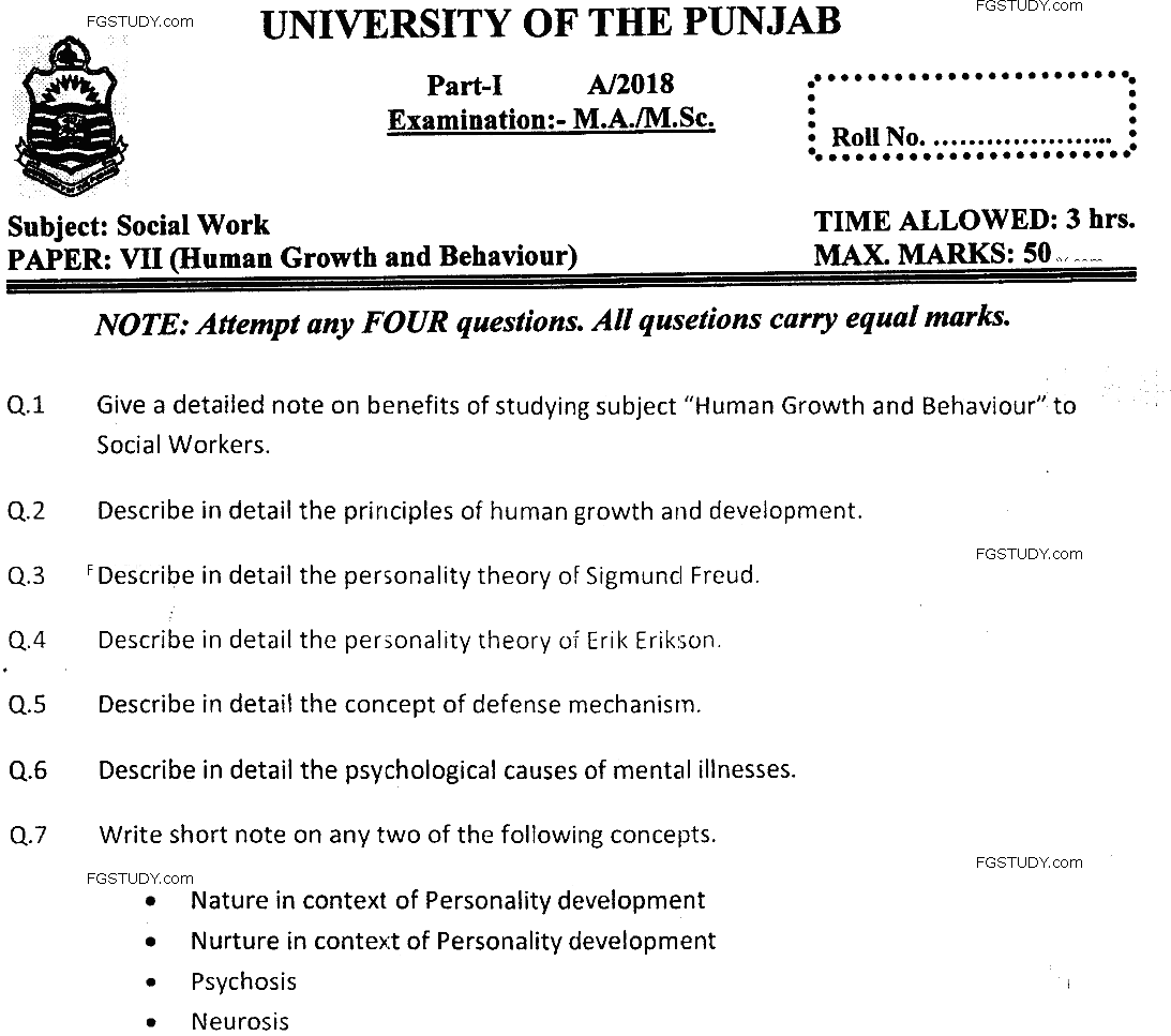 MSc Part 1 Social Work Human Growths And Behaviour Past Paper 2018 Punjab University Subjective