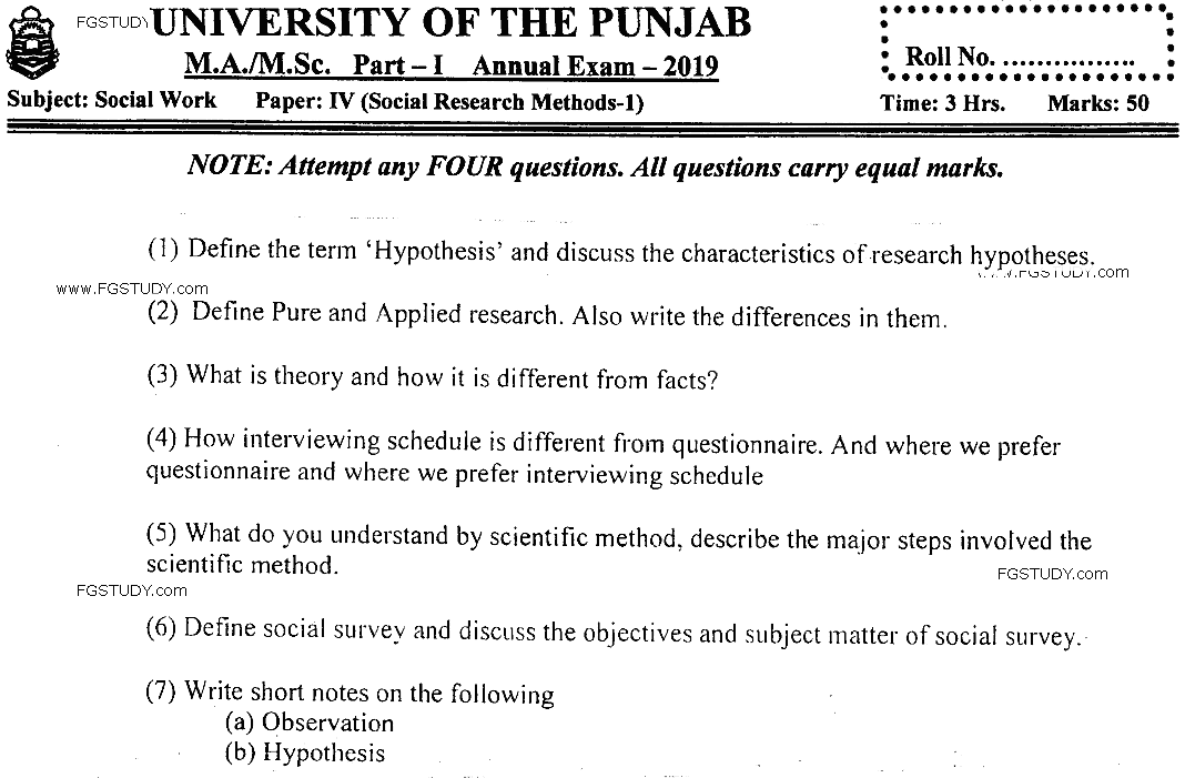 MSc Part 1 Social Work Social Research Methods Past Paper 2019 Punjab University Subjective