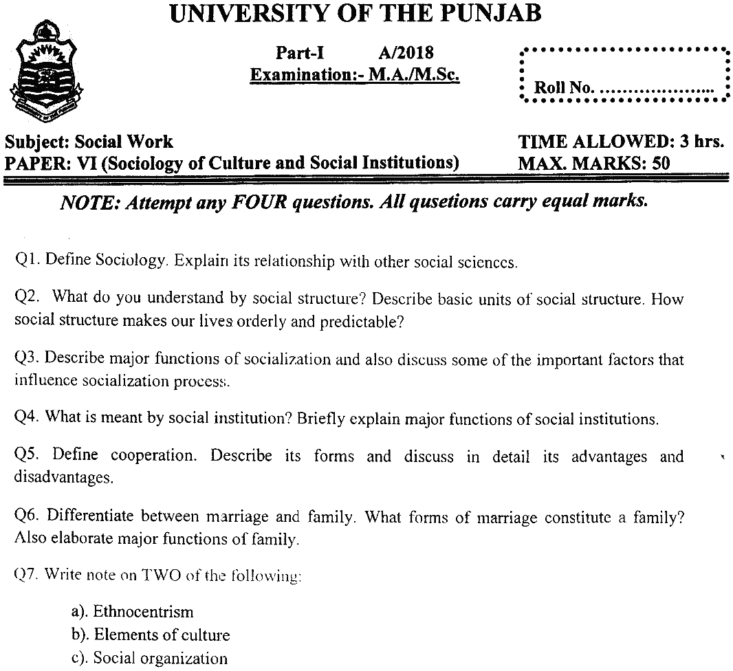 MSc Part 1 Social Work Sociology Of Culture And Social Institutions Past Paper 2018 Punjab University Subjective