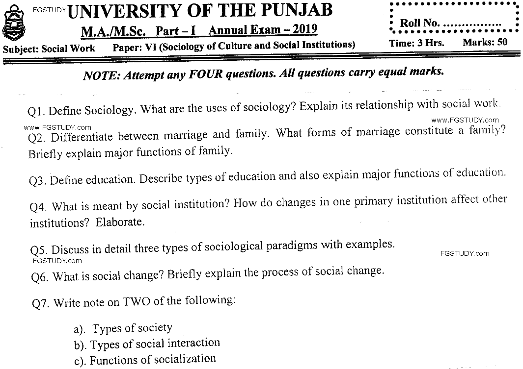 MSc Part 1 Social Work Sociology Of Culture And Social Institutions Past Paper 2019 Punjab University Subjective