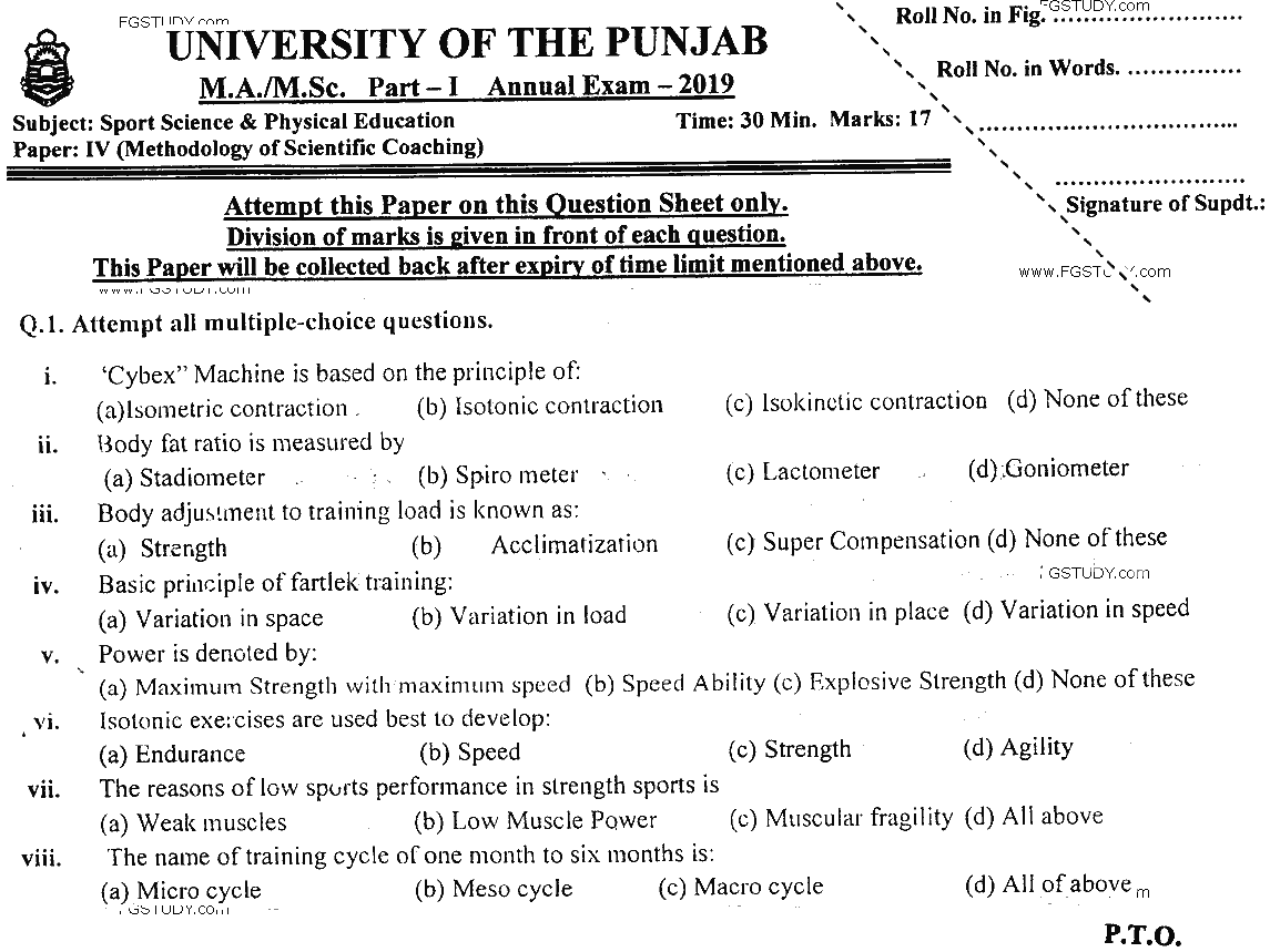 MSc Part 1 Sport Sciences And Physical Education Methodology Of Scientific Coaching Past Paper 2019 Punjab University Objective