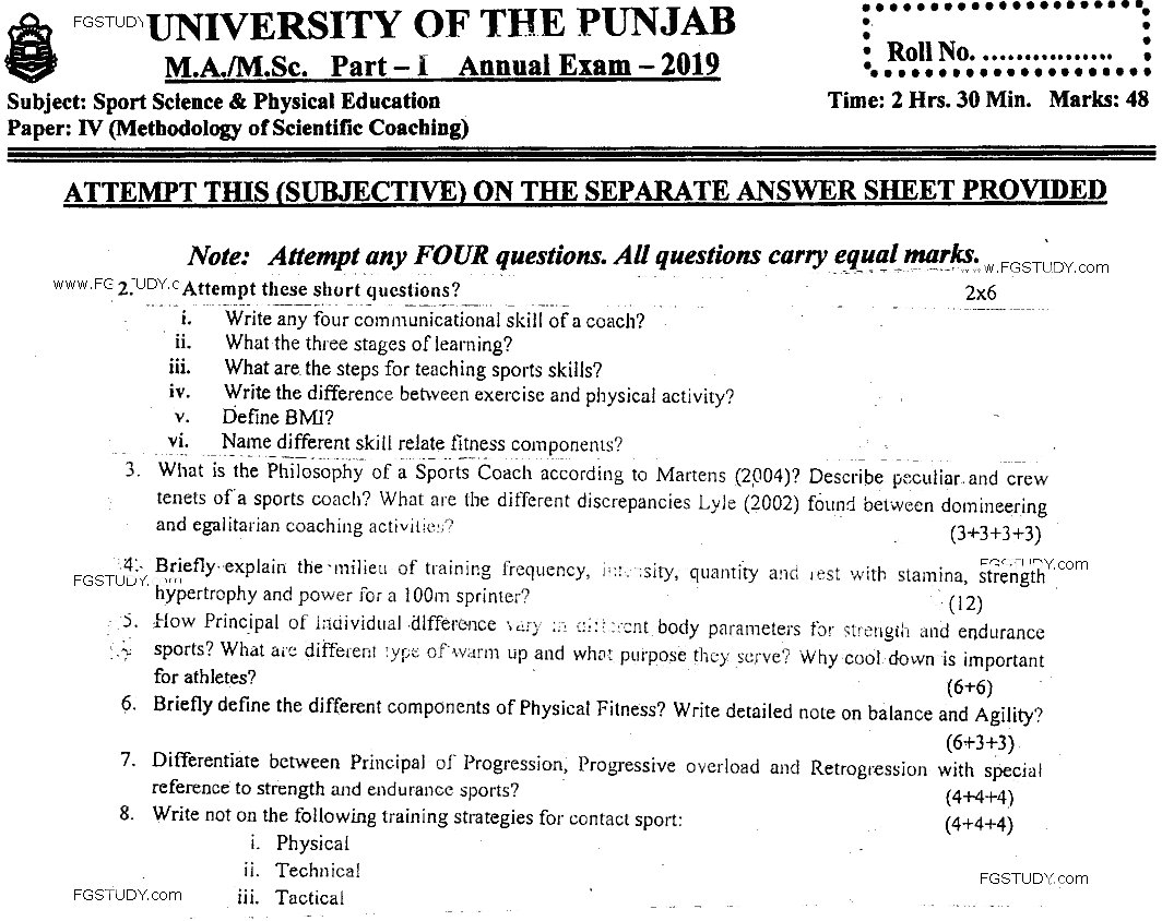 MSc Part 1 Sport Sciences And Physical Education Methodology Of Scientific Coaching Past Paper 2019 Punjab University Subjective