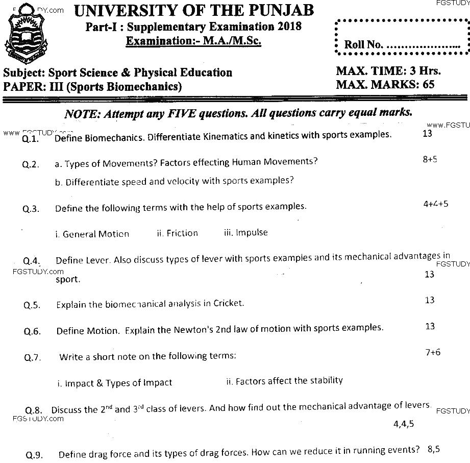 MSc Part 1 Sport Sciences And Physical Education Sports Biornechanics Past Paper 2018 Punjab University Subjective