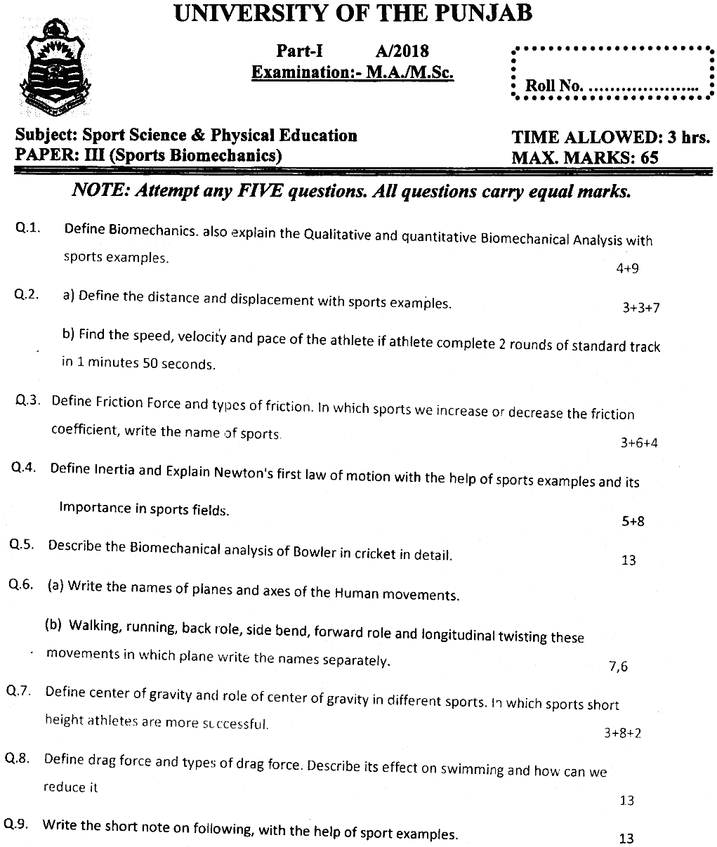 MSc Part 1 Sport Sciences And Physical Education Sports Biornechanics Past Paper 2018 Punjab University Subjective