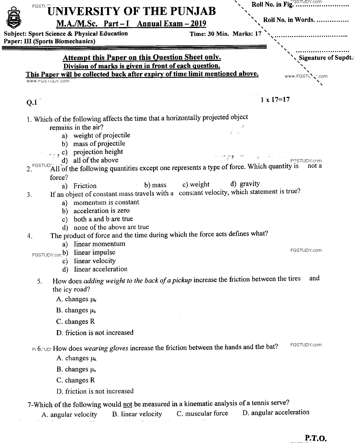MSc Part 1 Sport Sciences And Physical Education Sports Biornechanics Past Paper 2019 Punjab University Objective
