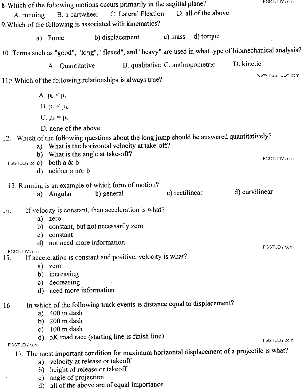 MSc Part 1 Sport Sciences And Physical Education Sports Biornechanics Past Paper 2019 Punjab University Objective