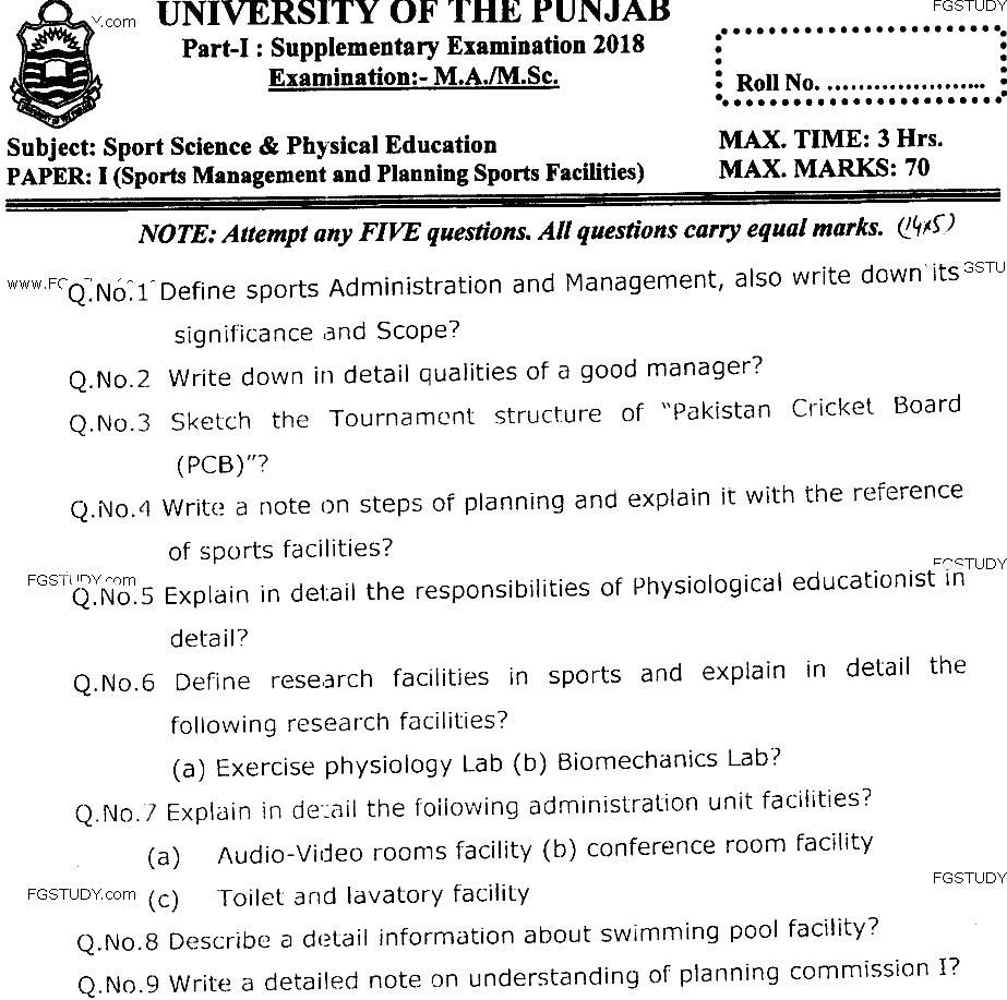 MSc Part 1 Sport Sciences And Physical Education Sports Management And Planning Sports Past Paper 2018 Punjab University Subjective