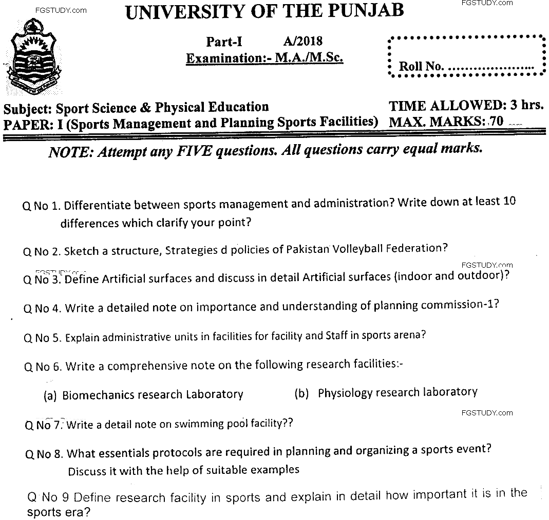 MSc Part 1 Sport Sciences And Physical Education Sports Management And Planning Sports Past Paper 2018 Punjab University Subjective