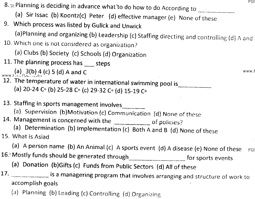 MSc Part 1 Sport Sciences And Physical Education Sports Management And Planning Sports Past Paper 2019 Punjab University Objective