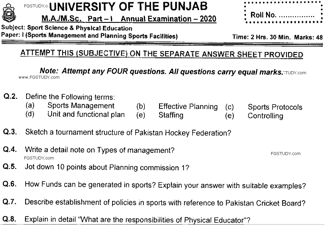 MSc Part 1 Sport Sciences And Physical Education Sports Management And Planning Sports Past Paper 2020 Punjab University Subjective