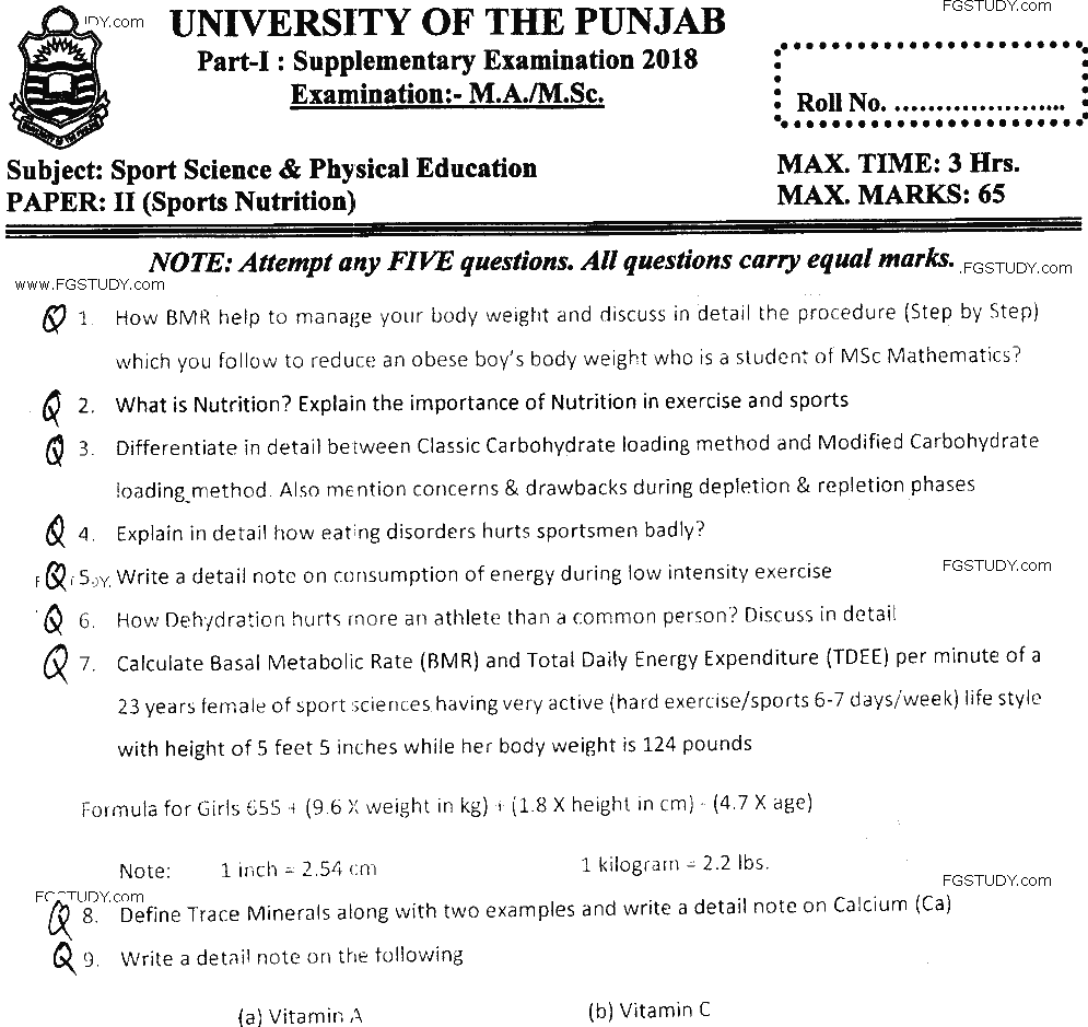 MSc Part 1 Sport Sciences And Physical Education Sports Nutrition Past Paper 2018 Punjab University Subjective