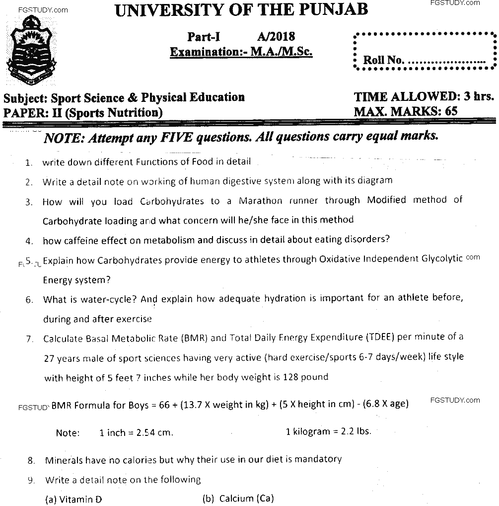 MSc Part 1 Sport Sciences And Physical Education Sports Nutrition Past Paper 2018 Punjab University Subjective