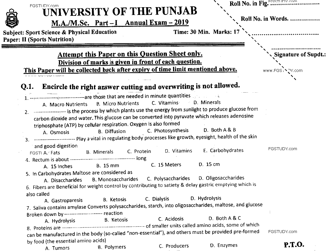 MSc Part 1 Sport Sciences And Physical Education Sports Nutrition Past Paper 2019 Punjab University Objective