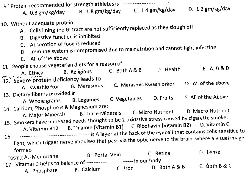 MSc Part 1 Sport Sciences And Physical Education Sports Nutrition Past Paper 2019 Punjab University Objective