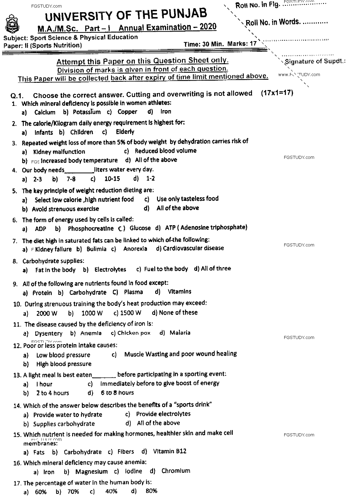 MSc Part 1 Sport Sciences And Physical Education Sports Nutrition Past Paper 2020 Punjab University Subjective