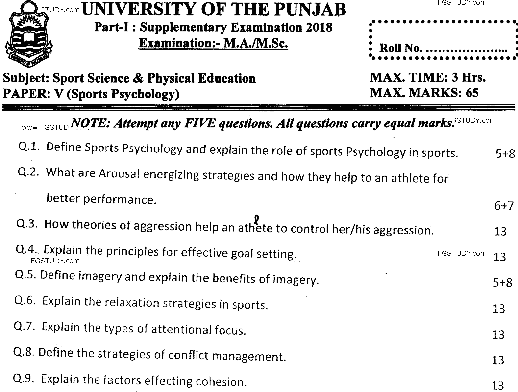 MSc Part 1 Sport Sciences And Physical Education Sports Psychology Past Paper 2018 Punjab University Subjective