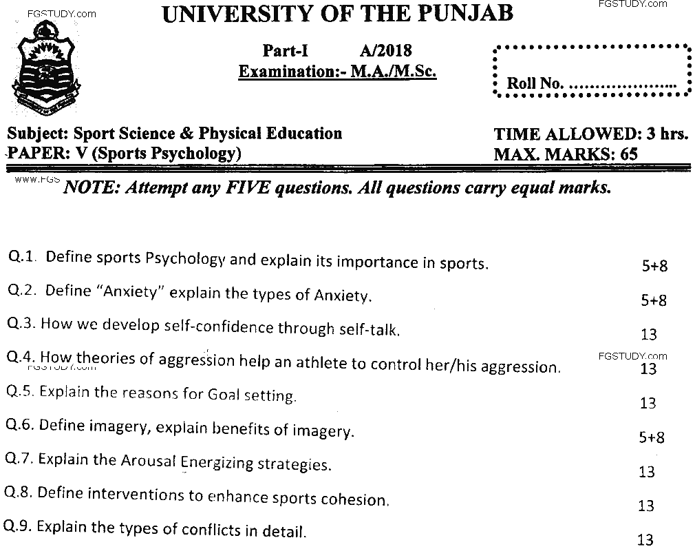 MSc Part 1 Sport Sciences And Physical Education Sports Psychology Past Paper 2018 Punjab University Subjective