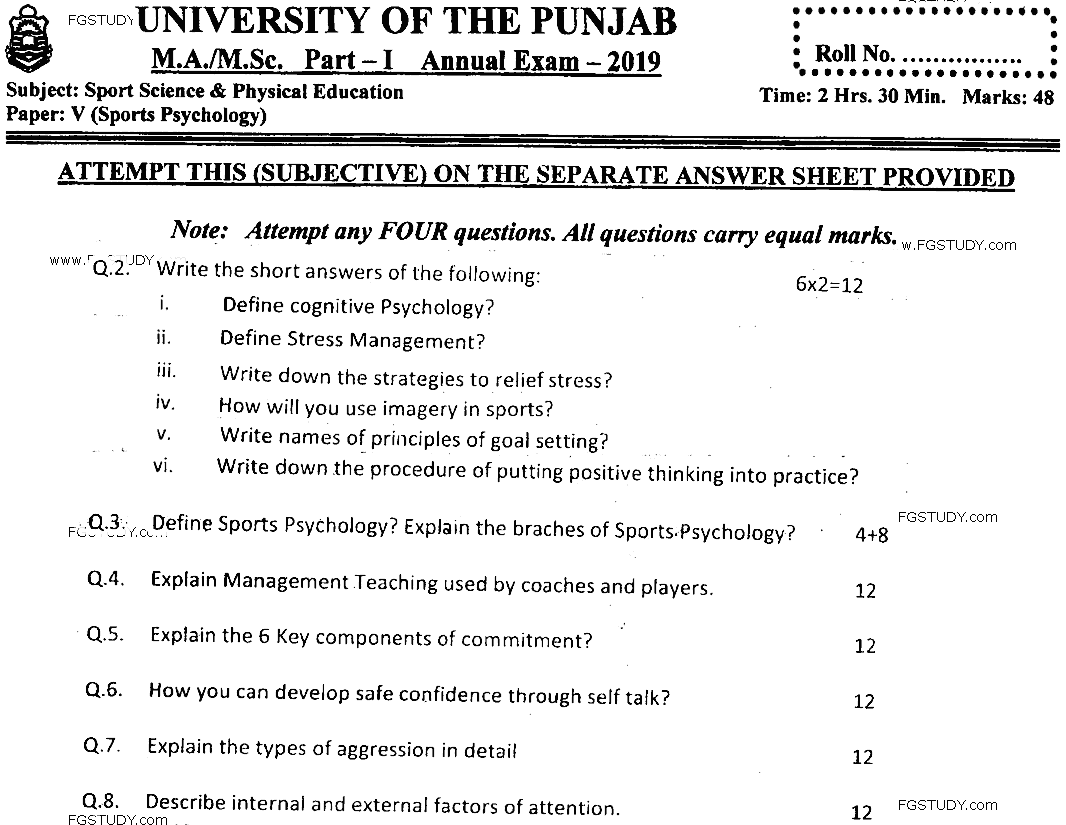 MSc Part 1 Sport Sciences And Physical Education Sports Psychology Past Paper 2019 Punjab University Subjective