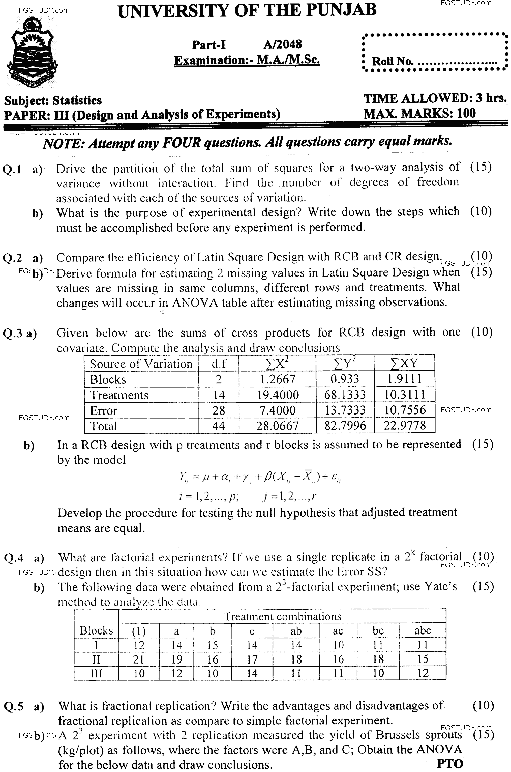 MSc Part 1 Statistics Design And Analysis Of Experiments Past Paper 2018 Punjab University Subjective
