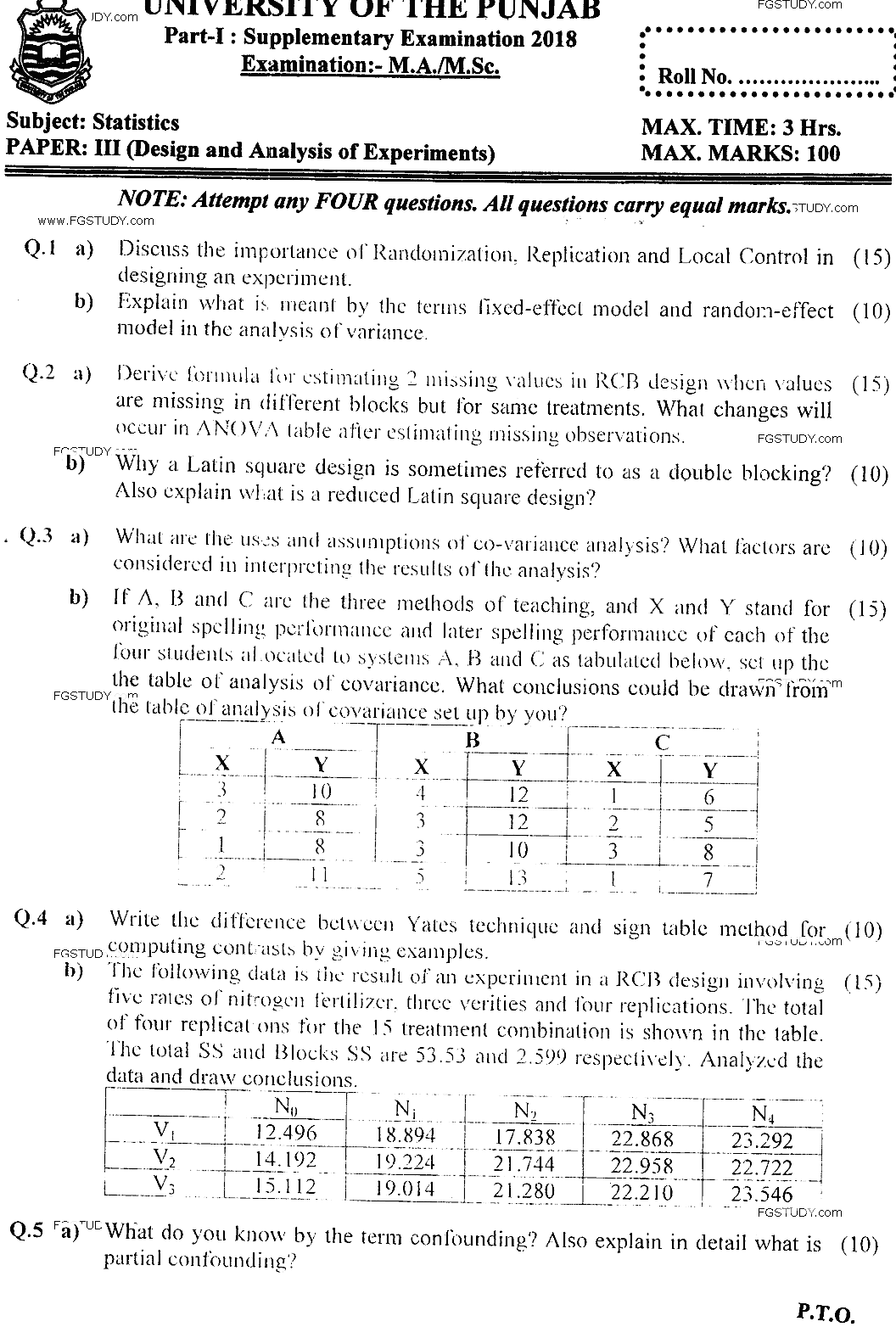 MSc Part 1 Statistics Design And Analysis Of Experiments Past Paper 2018 Punjab University Subjective